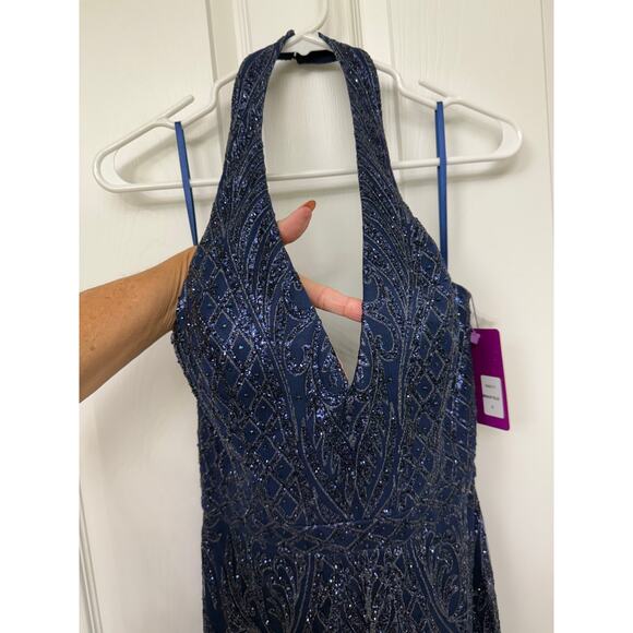 Abby Paris 90011 Formal midnight blue Glitter Gown 8 halter open back NWT $269 - Picture 12 of 14